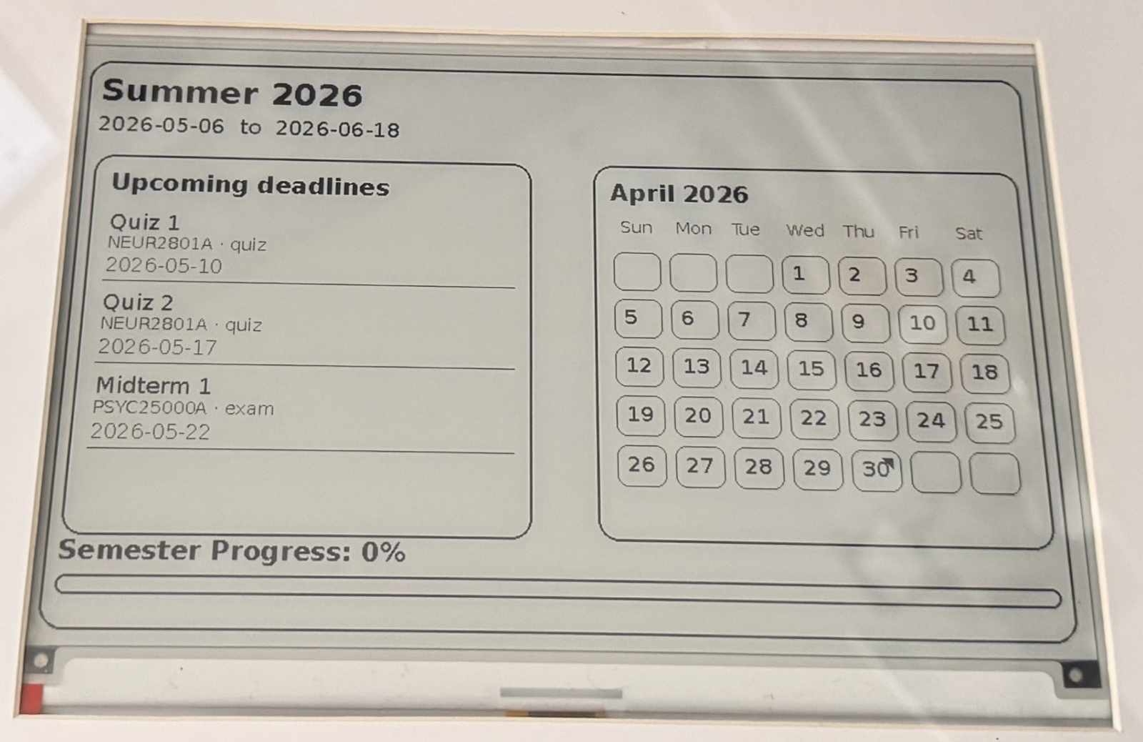 E-Ink Semester Calendar displayed on a Raspberry Pi with course deadlines and semester progress