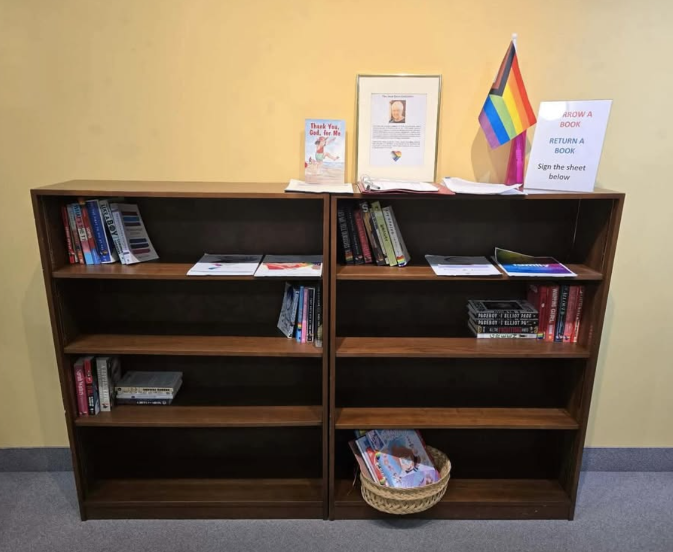Jean Dean Collection LGBTQ+ book shelves at Trinity United Church in Ottawa, Ontario